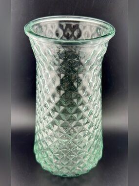 Paula DPS Diamond Pattern glass vase. 9” slight green tint.